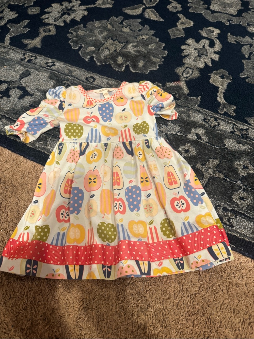Matilda Jane Girls' Apple Print Cotton Dress with Pink Polka Dot Trim